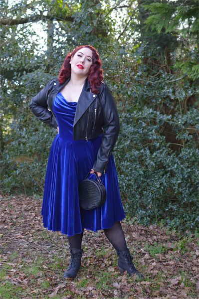 Same dress styled 3 ways outfit challenge by plus size pinup Miss Amy May featuring the Sapphire Velvet Tilly Bow Prom dress by The Pretty Dress Company