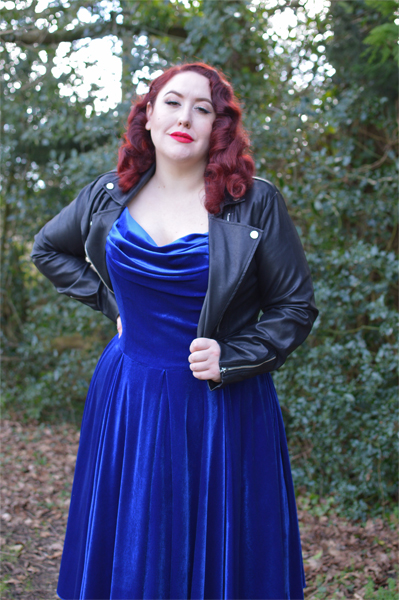 Same dress styled 3 ways outfit challenge by plus size pinup Miss Amy May featuring the Sapphire Velvet Tilly Bow Prom dress by The Pretty Dress Company