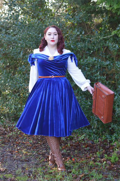 Same dress styled 3 ways outfit challenge by plus size pinup Miss Amy May featuring the Sapphire Velvet Tilly Bow Prom dress by The Pretty Dress Company