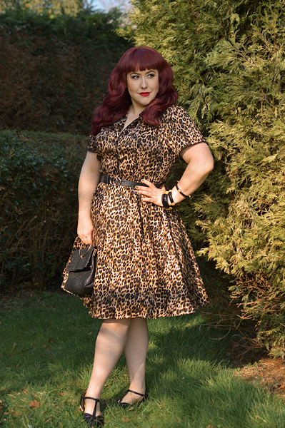Plus size pinup Miss Amy May models the leopard print Penelope diner shirt dress by Dolly & Dotty for a fit and size review