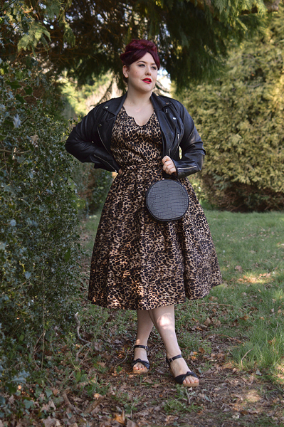 Plus size pinup Miss Amy May models the leopard print off the shoulder Lily dress by Dolly & Dotty for a fit and size review