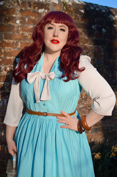 Plus size pinup Miss Amy May models the Cry-Baby dress by Hell Bunny for a fit and size review