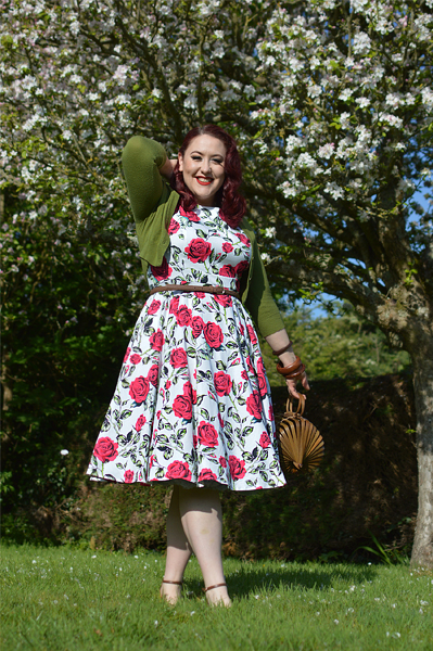 Plus size pinup Miss Amy May models the Hazel dress by Hearts and Roses London for a fit and size review