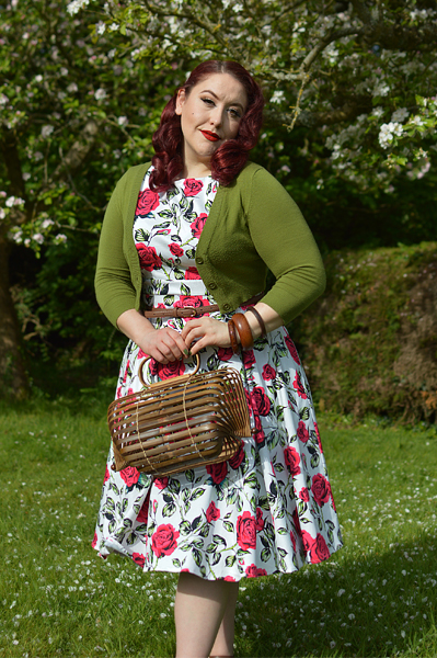 Plus size pinup Miss Amy May models the Hazel dress by Hearts and Roses London for a fit and size review