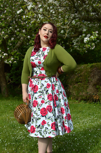 Plus size pinup Miss Amy May models the Hazel dress by Hearts and Roses London for a fit and size review