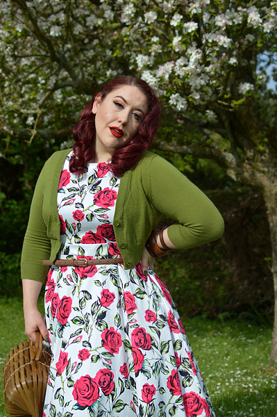 Plus size pinup Miss Amy May models the Hazel dress by Hearts and Roses London for a fit and size review