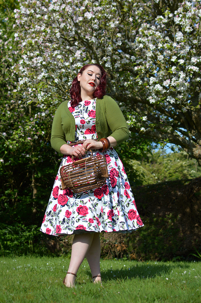 Plus size pinup Miss Amy May models the Hazel dress by Hearts and Roses London for a fit and size review
