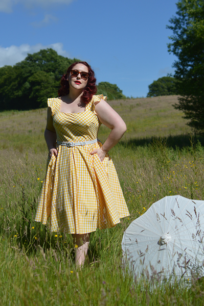 Plus size pinup Miss Amy May models the Elsie yellow gingham swing dress by The Pretty Dress company for a fit and size review