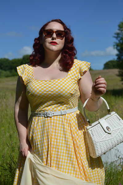 Plus size pinup Miss Amy May models the Elsie yellow gingham swing dress by The Pretty Dress company for a fit and size review
