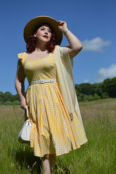 Plus size pinup Miss Amy May models the Elsie yellow gingham swing dress by The Pretty Dress company for a fit and size review