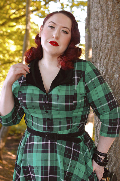 Plus size pinup Miss Amy May models the Beryl Mid Dress by Hell Bunny for a fit and sizing review