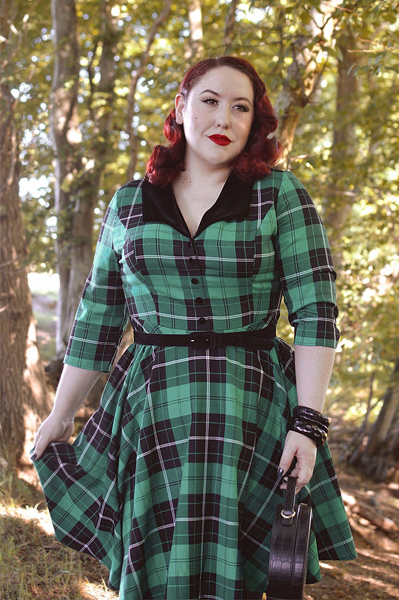 Plus size pinup Miss Amy May models the Beryl Mid Dress by Hell Bunny for a fit and sizing review