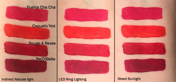 Bourjois Paris Rouge Velvet Ink liquid lipstick swatches in different lighting in Fushia Cha Cha, Coquelic'Hot, Rouge A Reves and Re(D)Belle swatches