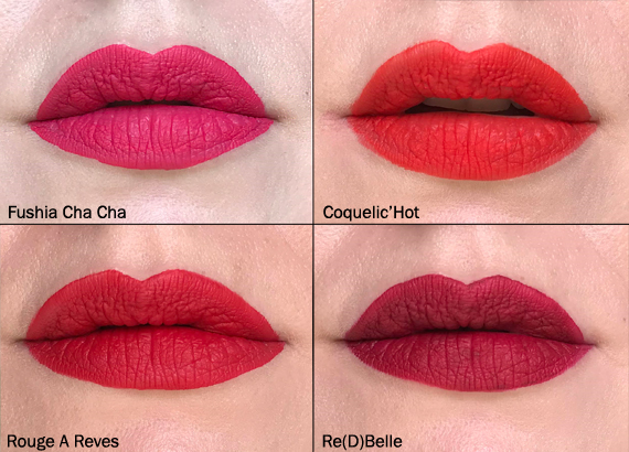 Bourjois Paris Rouge Velvet Ink liquid lipstick swatches in natural lighting of Fushia Cha Cha, Coquelic'Hot, Rouge A Reves and Re(D)Belle swatches