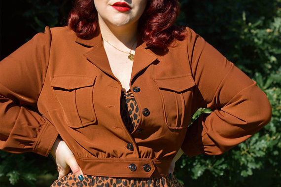 Plus size pinup Miss Amy May models the Ravenwood jackets by Hell Bunny for a fit and sizing review