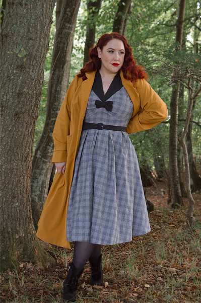 Plus size pinuo Miss Amy May models the Lucinda-Marigold coat by Miss Candyfloss for a fit and size review