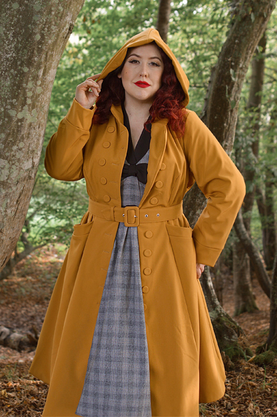 Plus size pinuo Miss Amy May models the Lucinda-Marigold coat by Miss Candyfloss for a fit and size review