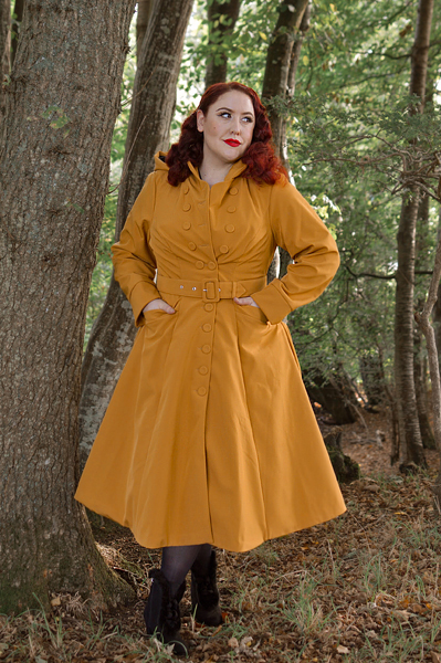 Plus size pinuo Miss Amy May models the Lucinda-Marigold coat by Miss Candyfloss for a fit and size review