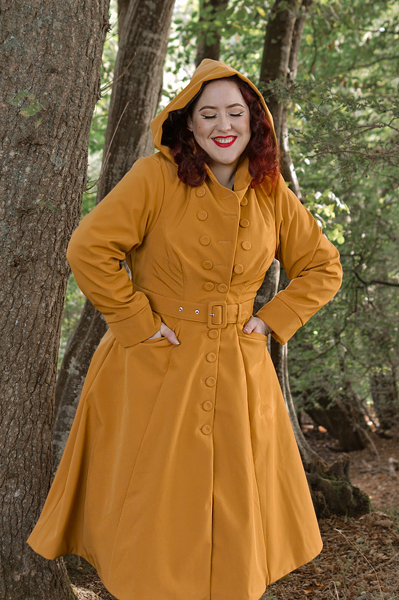 Plus size pinuo Miss Amy May models the Lucinda-Marigold coat by Miss Candyfloss for a fit and size review