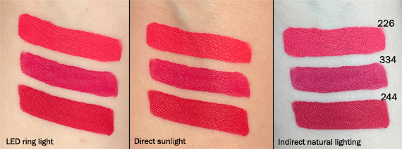 3INA The Longwear Lipstick swatches 226, 334, 244