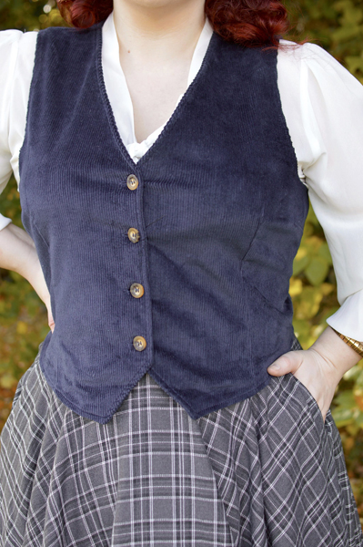 Plus size pinup Miss Amy May models the Annie corduroy waistcoat by Joanie Clothing for a fit and size review