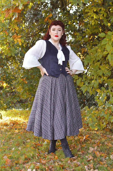 Plus size pinup Miss Amy May models the Annie corduroy waistcoat by Joanie Clothing for a fit and size review