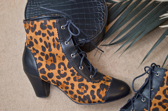 Pinup Miss Amy May models the leopard Selma boots by Lulu Hun Collectif for a fit and sizing review