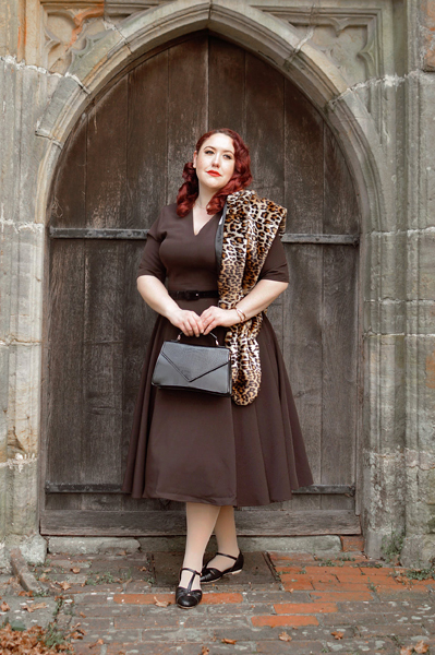 Plus size pinup Miss Amy May models the Ganache Stella dress by Lady V London for a fit and size review