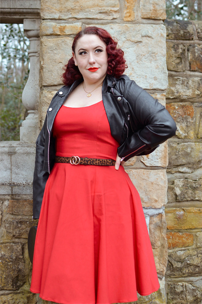 Plus size pinup Miss Amy May models the red Nancy dress by Hell Bunny for a fit and size review