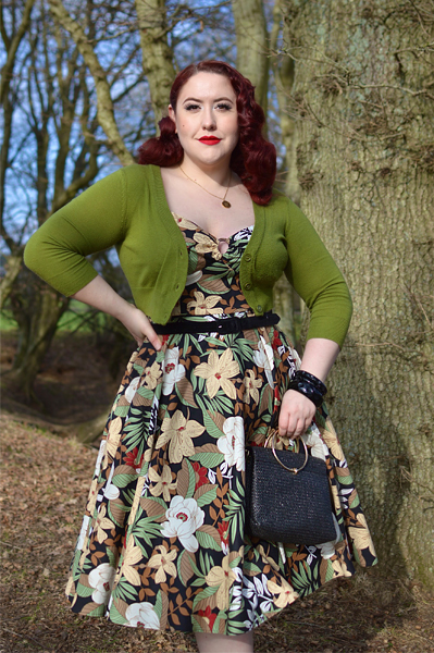 Plus size pinup Miss Amy May models the Adelaida dress by Hell Bunny for a fit and size review