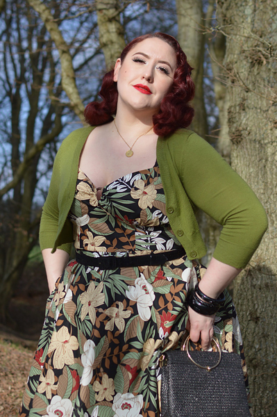 Plus size pinup Miss Amy May models the Adelaida dress by Hell Bunny for a fit and size review
