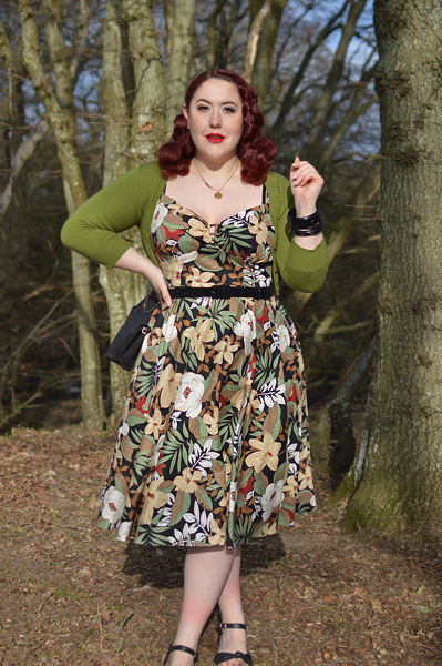 Plus size pinup Miss Amy May models the Adelaida dress by Hell Bunny for a fit and size review