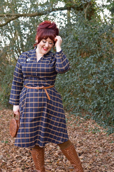 Plus size pinup Miss Amy May models the Helena dress by Timeless London for a fit and size review