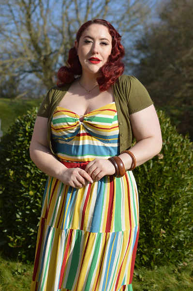 Plus size pinup Miss Amy May models the Solange maxi dress by Hell Bunny for a fit and size review
