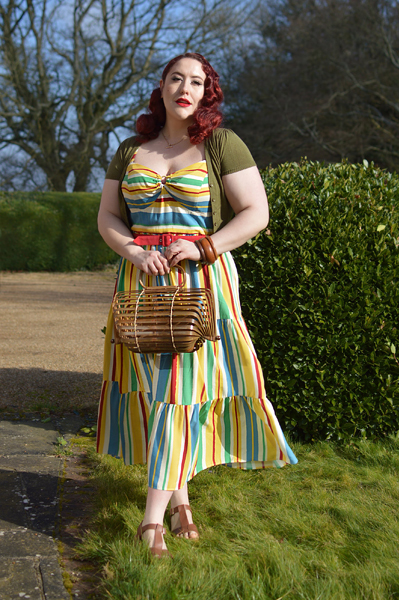Plus size pinup Miss Amy May models the Solange maxi dress by Hell Bunny for a fit and size review