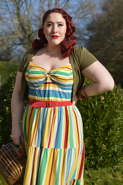 Plus size pinup Miss Amy May models the Solange maxi dress by Hell Bunny for a fit and size review