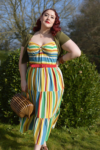Plus size pinup Miss Amy May models the Solange maxi dress by Hell Bunny for a fit and size review