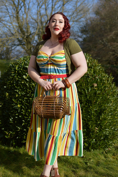 Plus size pinup Miss Amy May models the Solange maxi dress by Hell Bunny for a fit and size review