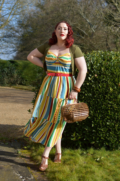 Plus size pinup Miss Amy May models the Solange maxi dress by Hell Bunny for a fit and size review