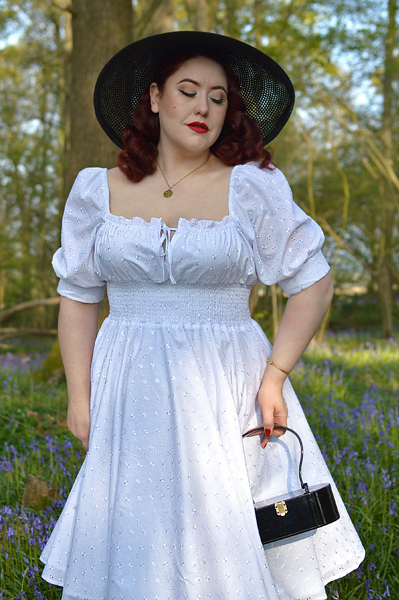 Plus size pinup Miss Amy May models the Louis Louis white English embroidery Broderie Anglaise full circle dress by British Retro for a fit and sizing review