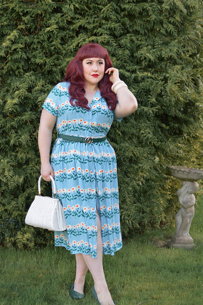 Plus size pinup Miss Amy May models the Forget-Me-Not stripe Carly dress by Horrockses Fashions x Joanie Clothing for a fit and size review