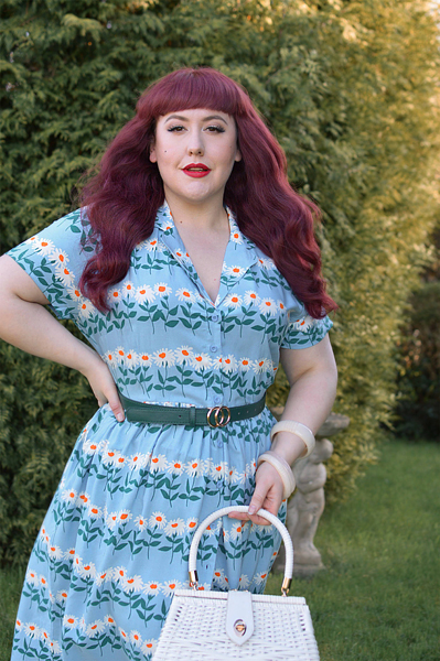 Plus size pinup Miss Amy May models the Forget-Me-Not stripe Carly dress by Horrockses Fashions x Joanie Clothing for a fit and size review