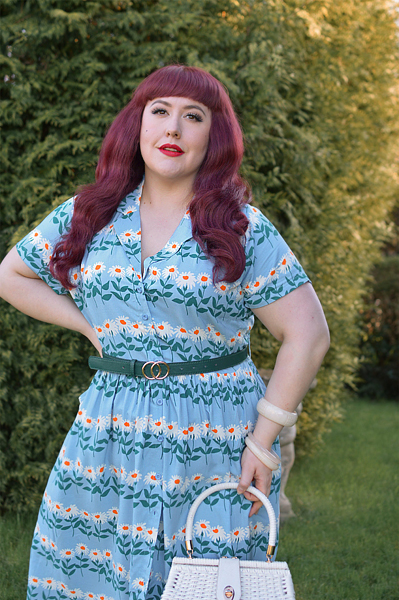 Plus size pinup Miss Amy May models the Forget-Me-Not stripe Carly dress by Horrockses Fashions x Joanie Clothing for a fit and size review