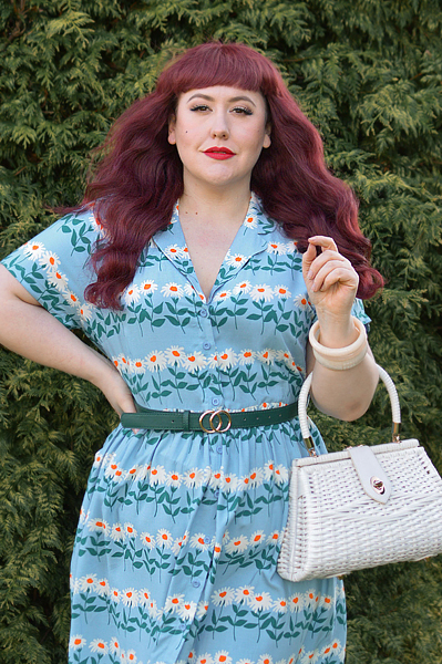 Plus size pinup Miss Amy May models the Forget-Me-Not stripe Carly dress by Horrockses Fashions x Joanie Clothing for a fit and size review