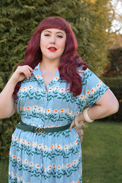 Plus size pinup Miss Amy May models the Forget-Me-Not stripe Carly dress by Horrockses Fashions x Joanie Clothing for a fit and size review