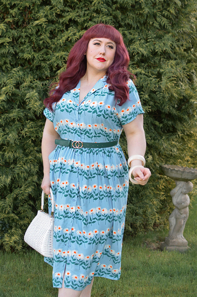 Plus size pinup Miss Amy May models the Forget-Me-Not stripe Carly dress by Horrockses Fashions x Joanie Clothing for a fit and size review