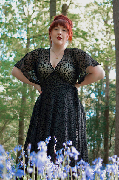 Plus size pinup Miss Amy May models the Black Leopard Flocked Mesh Lydia dress gown by Wax Poetic Clothing for a fit and size review