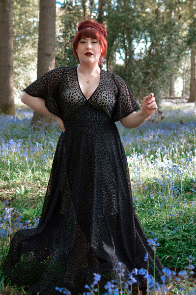 Plus size pinup Miss Amy May models the Black Leopard Flocked Mesh Lydia dress gown by Wax Poetic Clothing for a fit and size review