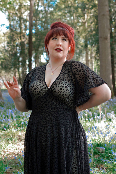 Plus size pinup Miss Amy May models the Black Leopard Flocked Mesh Lydia dress gown by Wax Poetic Clothing for a fit and size review