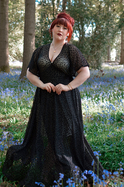 Plus size pinup Miss Amy May models the Black Leopard Flocked Mesh Lydia dress gown by Wax Poetic Clothing for a fit and size review